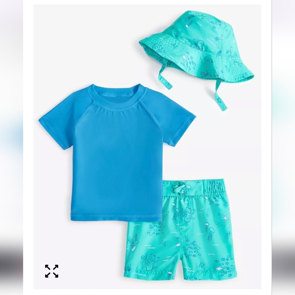 First Impressions Blue & Aqua 3-Piece Swim Set with Sun Hat
